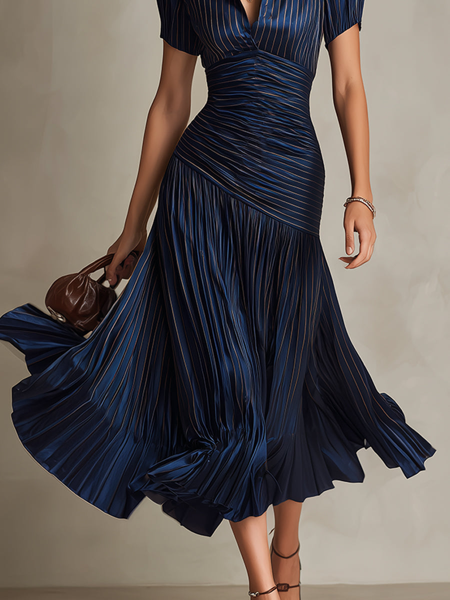 NORMA™ - ROBE MIDI EN SATIN À RAYURES RÉTRO