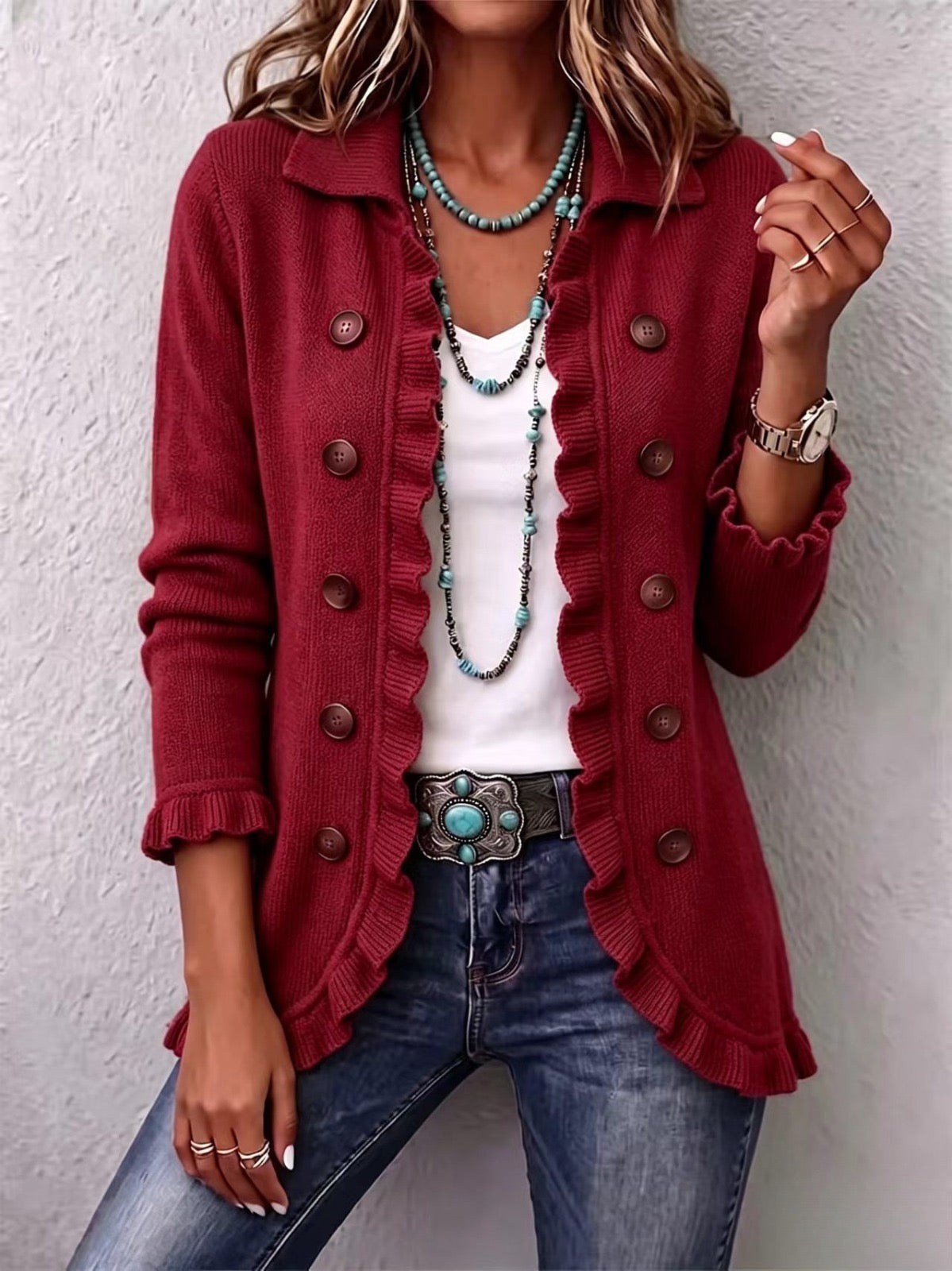 Réjane | Veste en maille rouge rubis à volants