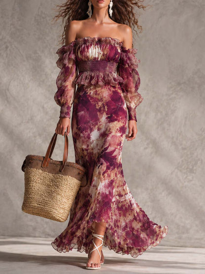 Rosine | Robe Maxi Épaules Dénudées Rose Antique, Motif Floral