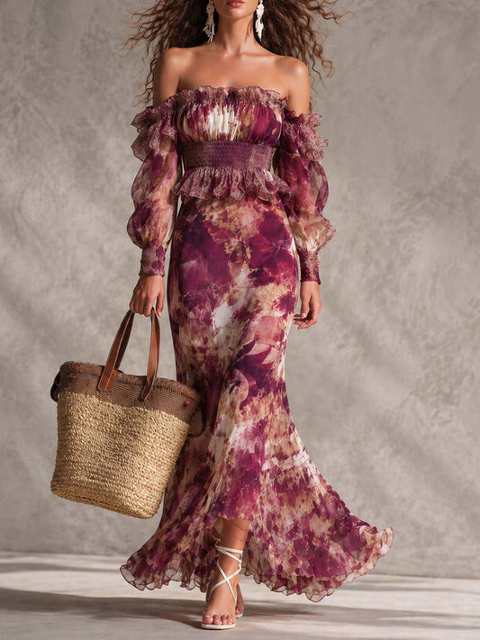 Rosine | Robe Maxi Épaules Dénudées Rose Antique, Motif Floral