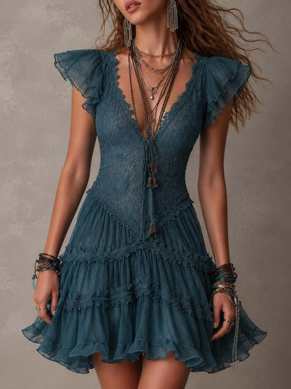 Azurine | Mini Robe à Volants en Dentelle Bleue Rétro et Mousseline