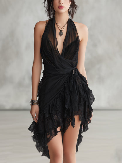 Sélène | Mini Robe Noire, Col Halter en Dentelle et Volants