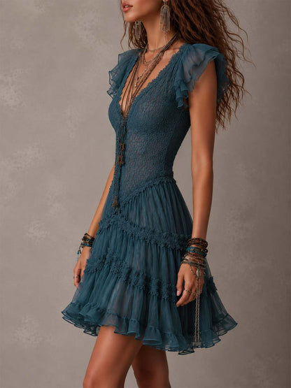 Azurine | Mini Robe à Volants en Dentelle Bleue Rétro et Mousseline