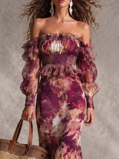 Rosine | Robe Maxi Épaules Dénudées Rose Antique, Motif Floral