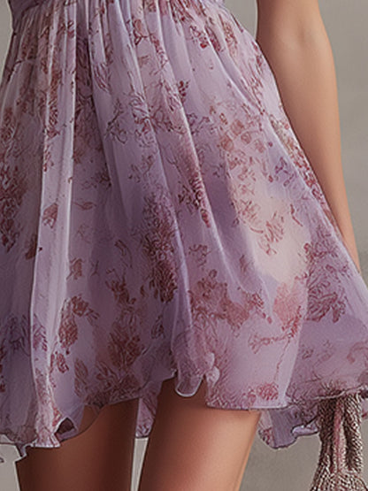 Violette | Mini Robe en Mousseline à Rayures Fleuries Violettes Rétro