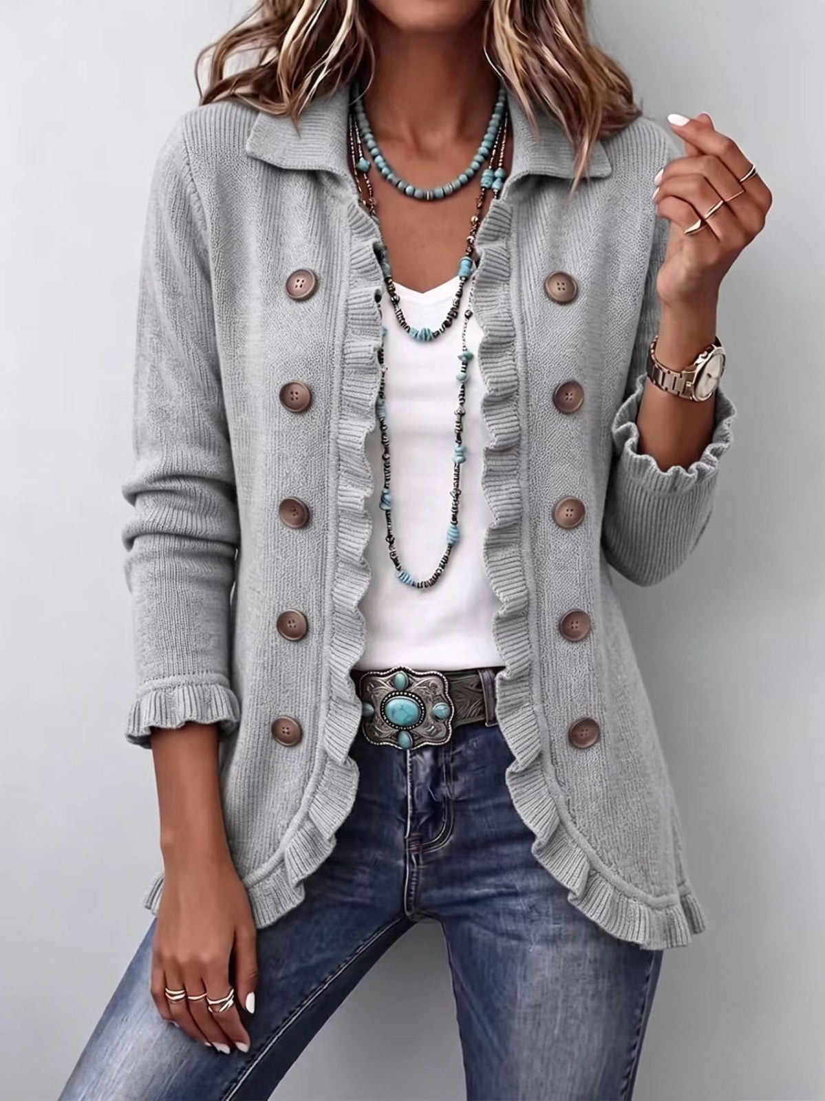 Dorothée | Veste en maille gris chiné avec volants