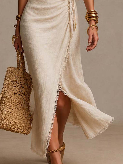 Tatiana | Robe midi en lin naturel avec décolleté croisé et dentelle