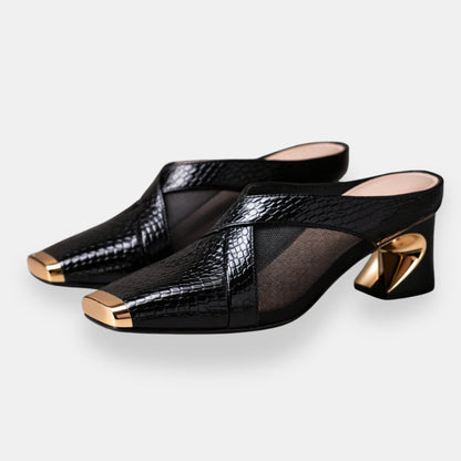 Féolinde | Mules croco bout doré sculpté