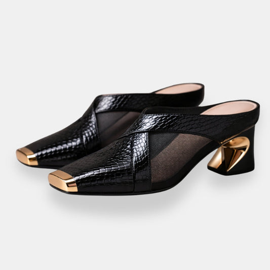 Féolinde | Mules croco bout doré sculpté