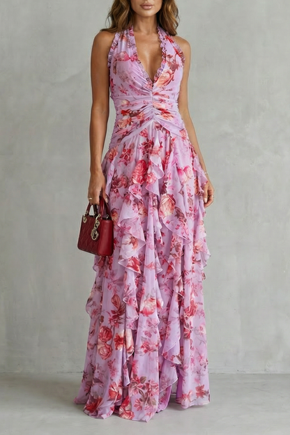 Belladina | Robe maxi romantique à motif de roses avec décolleté américain