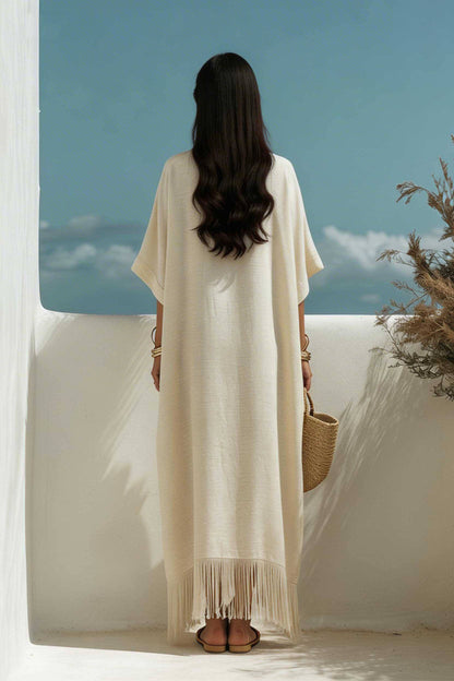 Maxi Robe à Col V avec Franges