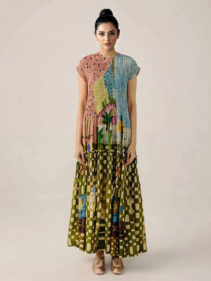 Robe Maxi Plissée Imprimée au Style Rétro