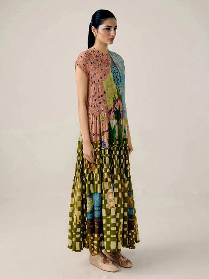 Robe Maxi Plissée Imprimée au Style Rétro