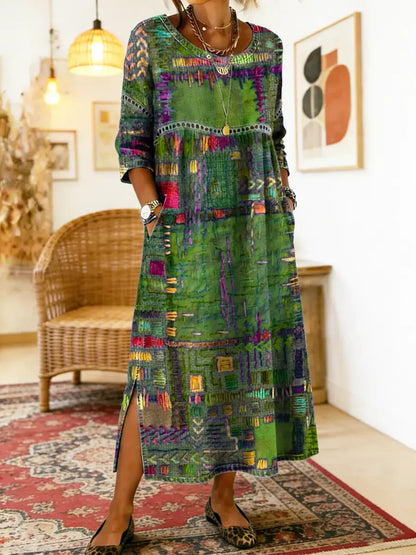 Manuela | Robe en Denim avec Patchwork Ethnique