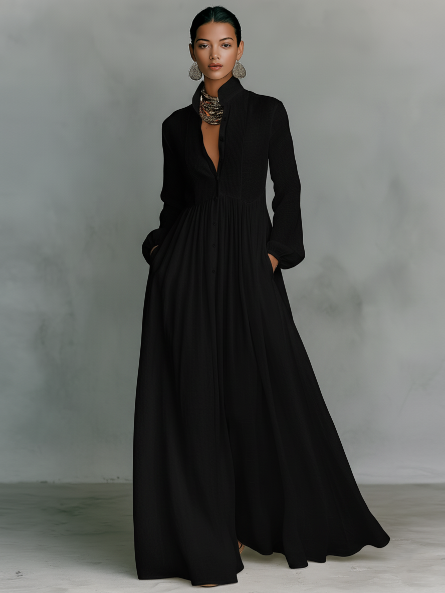 Sita | Maxi robe en patchwork, col montant et manches longues