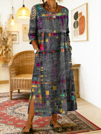 Manuela | Robe en Denim avec Patchwork Ethnique