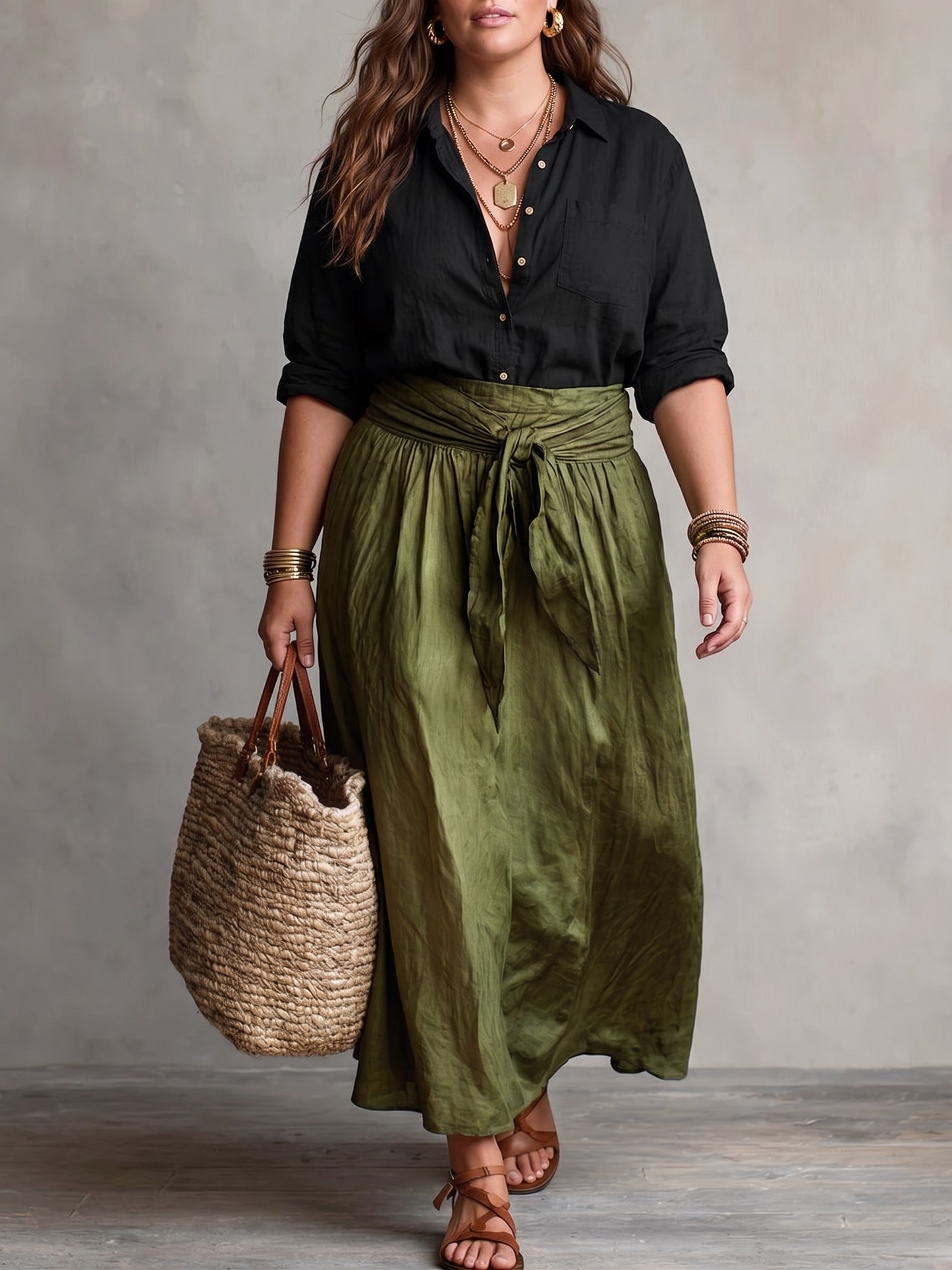 VERA™ - ENSEMBLE ÉLÉGANT DE DEUX PIÈCES POUR L'ÉTÉ : BLOUSE NOIRE & JUPE OLIVE