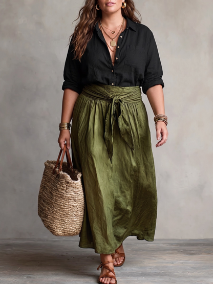VERA™ - ENSEMBLE ÉLÉGANT DE DEUX PIÈCES POUR L'ÉTÉ : BLOUSE NOIRE & JUPE OLIVE
