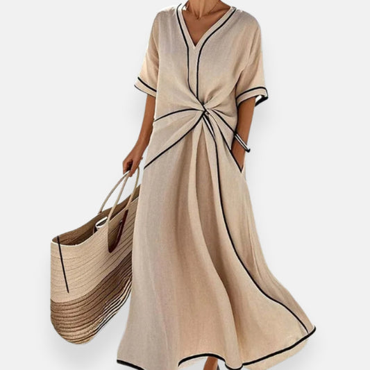 Améliane | Robe à nœud et liserés contrastés