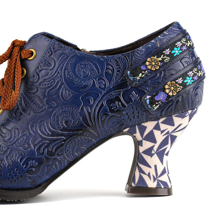 Floral Embossed Lace-Up Heels