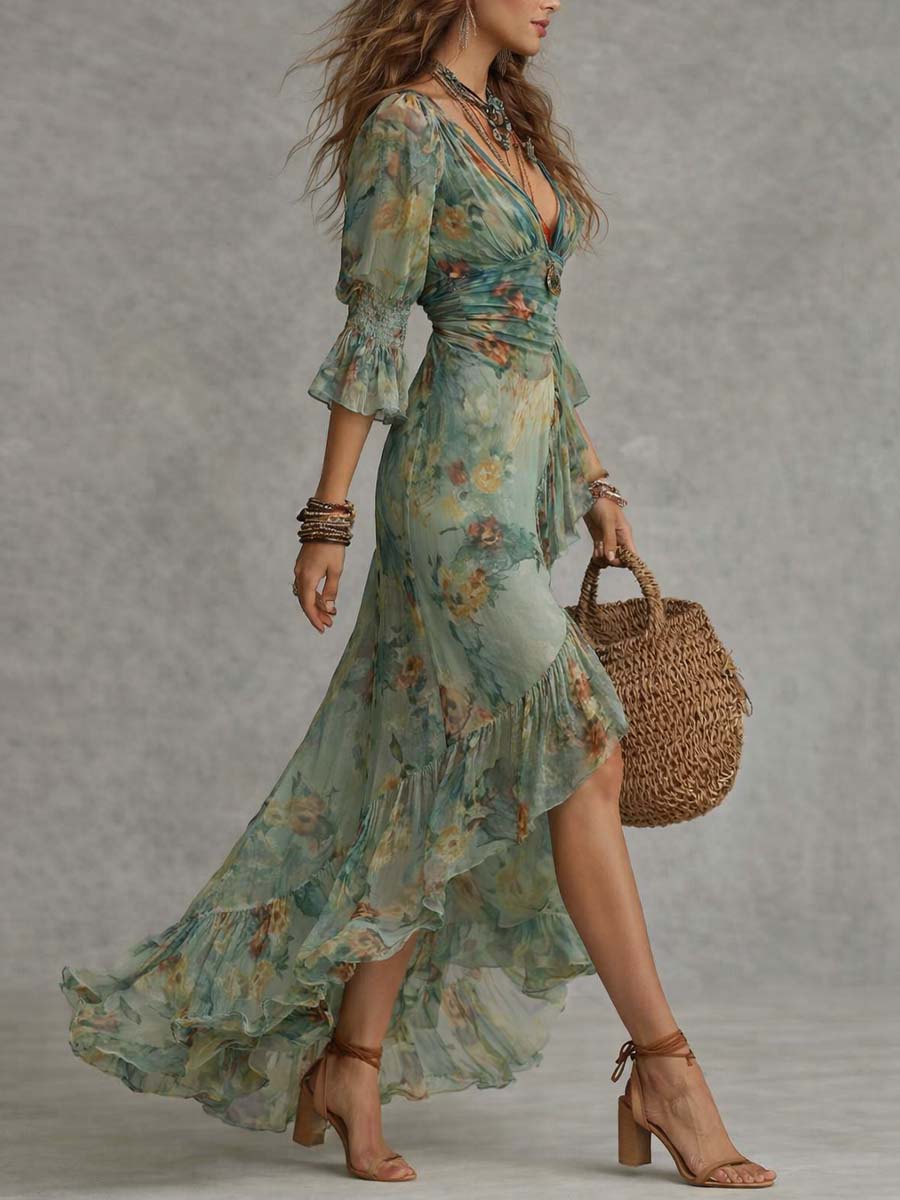 Aurora | Robe Maxi Florale avec Ourlet Asymétrique Romantique