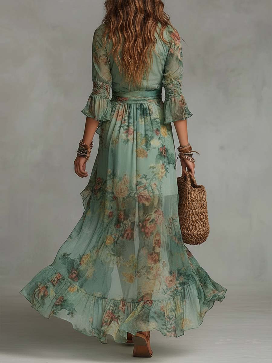 Aurora | Robe Maxi Florale avec Ourlet Asymétrique Romantique