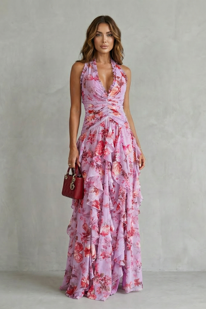 Belladina | Robe maxi romantique à motif de roses avec décolleté américain