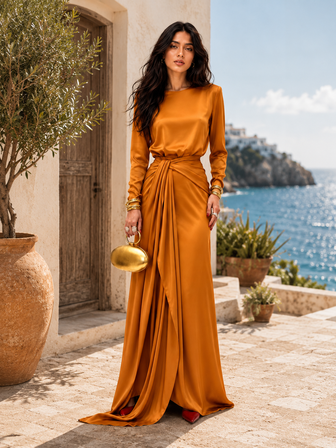 Élégante Robe Maxi en Satin Drapé