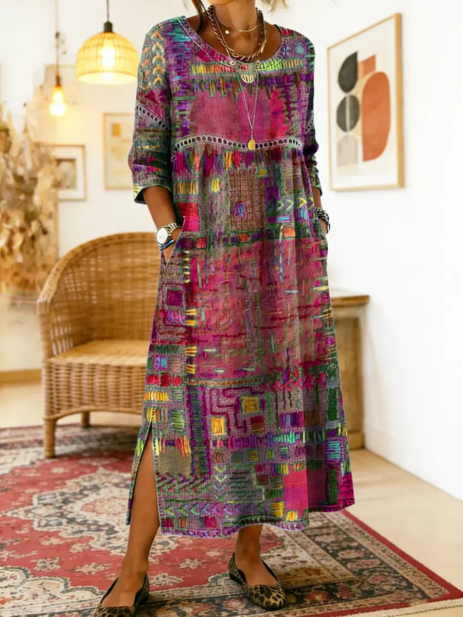 Manuela | Robe en Denim avec Patchwork Ethnique