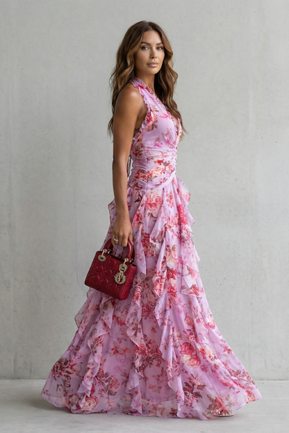 Belladina | Robe maxi romantique à motif de roses avec décolleté américain