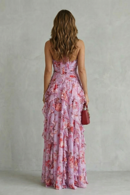 Belladina | Robe maxi romantique à motif de roses avec décolleté américain