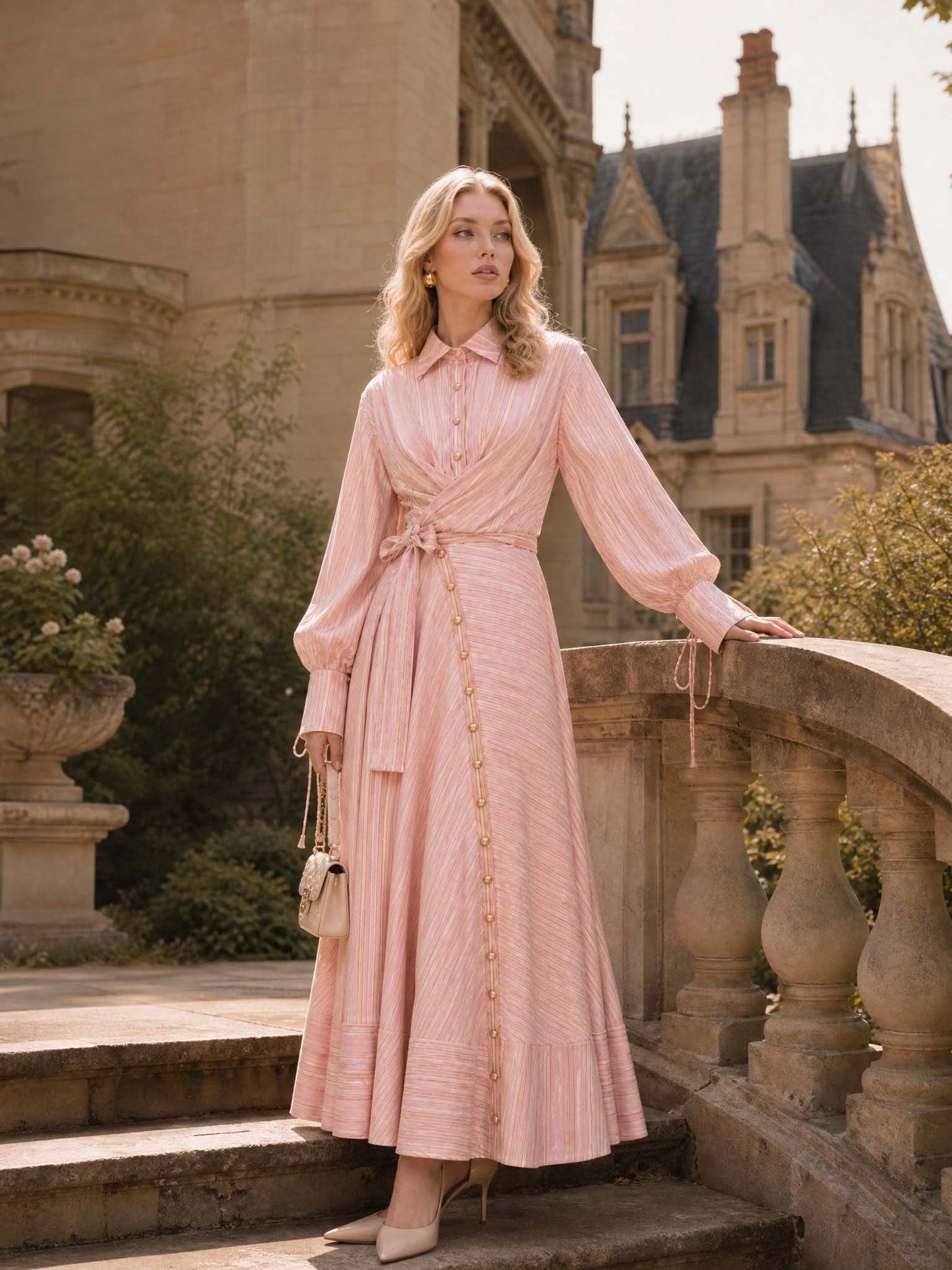 Robe maxi rose ceinturée