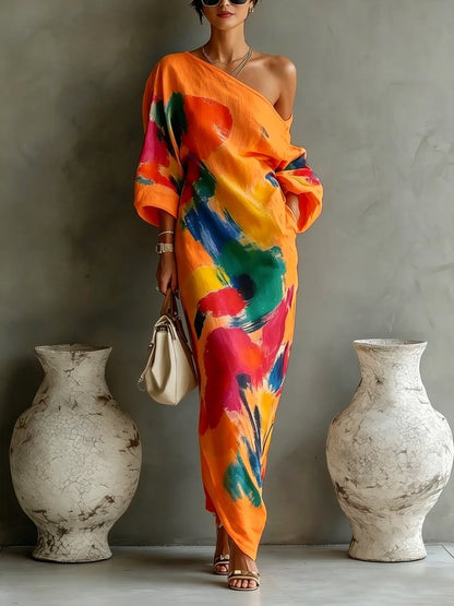 Robe Maxi Imprimé Abstrait à Une Épaule