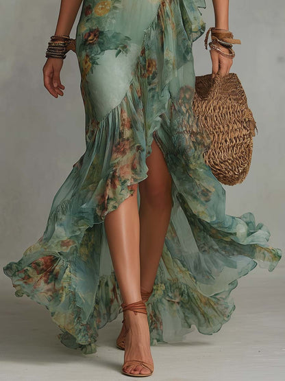 Aurora | Robe Maxi Florale avec Ourlet Asymétrique Romantique