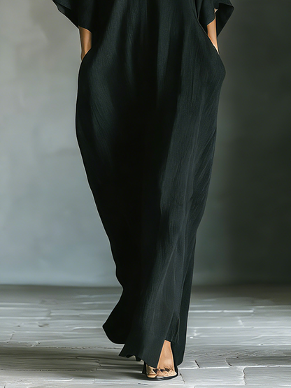 Women's Black Cotton Blend Fabric Oversized Kimono-Sleeve Maxi Dress With Pockets MDZ0577A3T