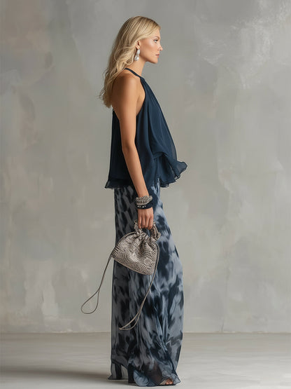 Ludovica | Ensemble élégant avec un haut montant et un pantalon ample imprimé