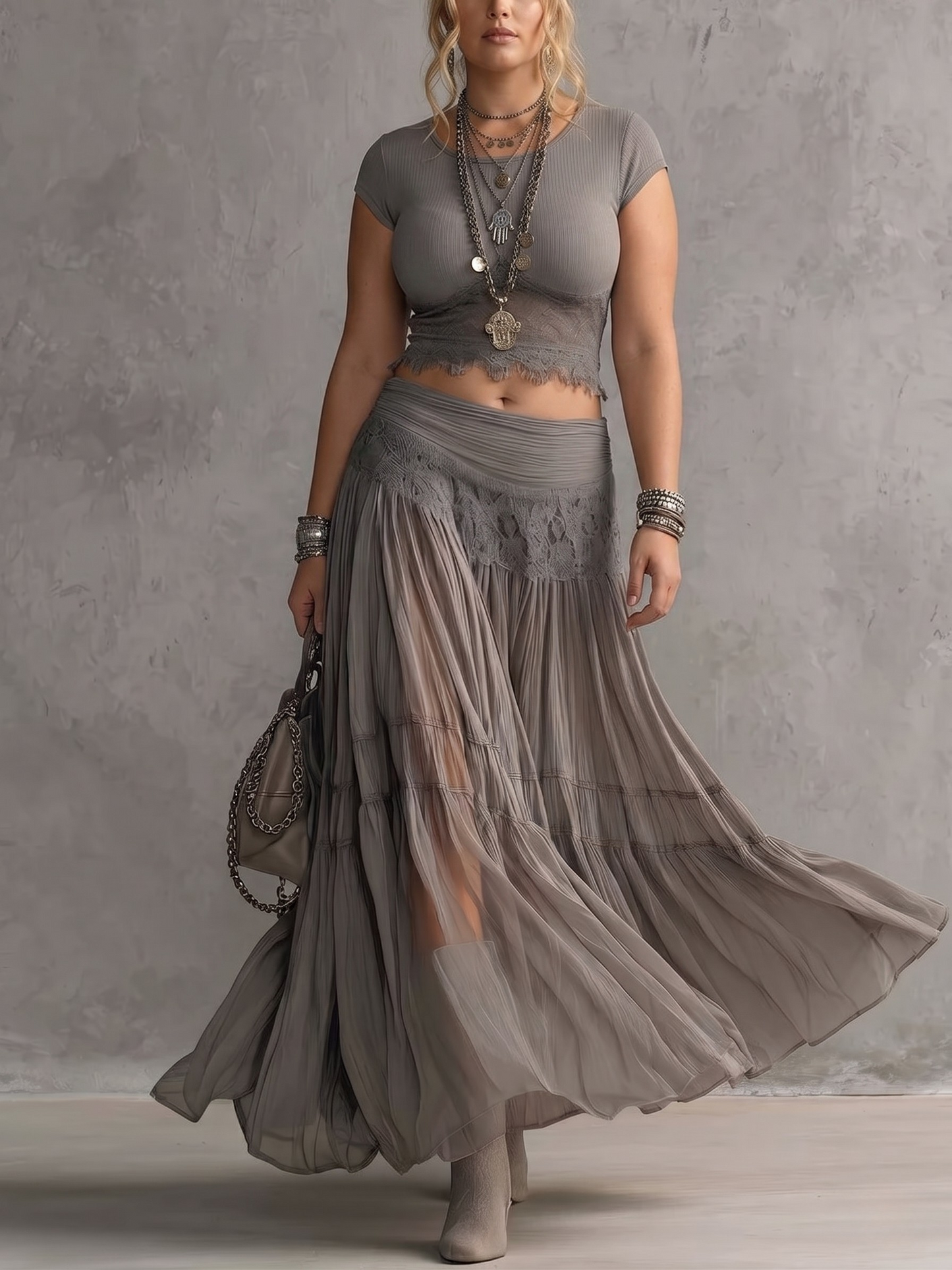 ELLIE™ - ENSEMBLE TOP EN DENTELLE AVEC JUPE MAXI PLISSÉE