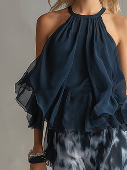 Ludovica | Ensemble élégant avec un haut montant et un pantalon ample imprimé
