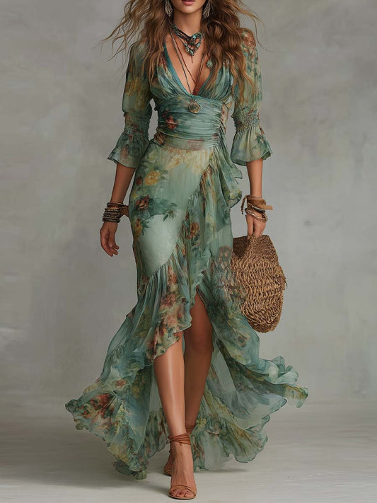 Aurora | Robe Maxi Florale avec Ourlet Asymétrique Romantique