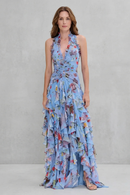 Belladina | Robe maxi romantique à motif de roses avec décolleté américain