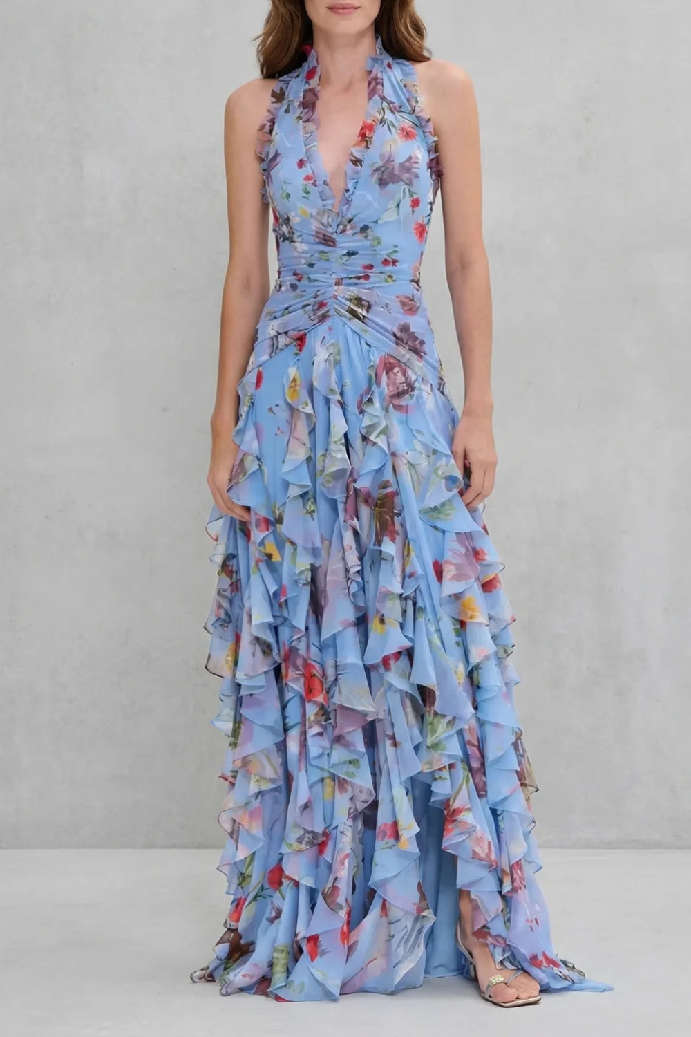 Belladina | Robe maxi romantique à motif de roses avec décolleté américain
