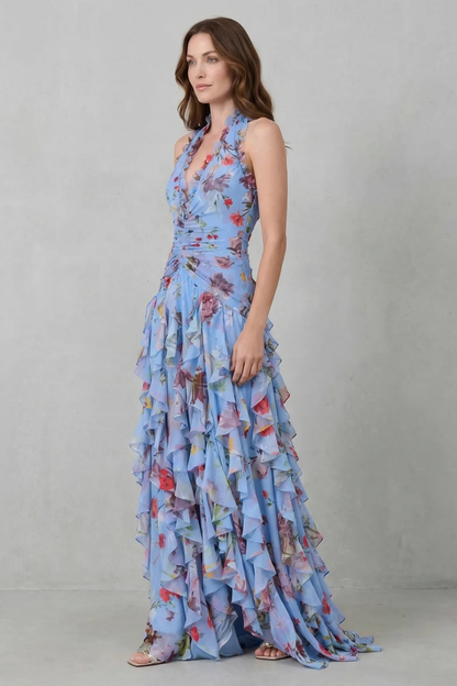 Belladina | Robe maxi romantique à motif de roses avec décolleté américain