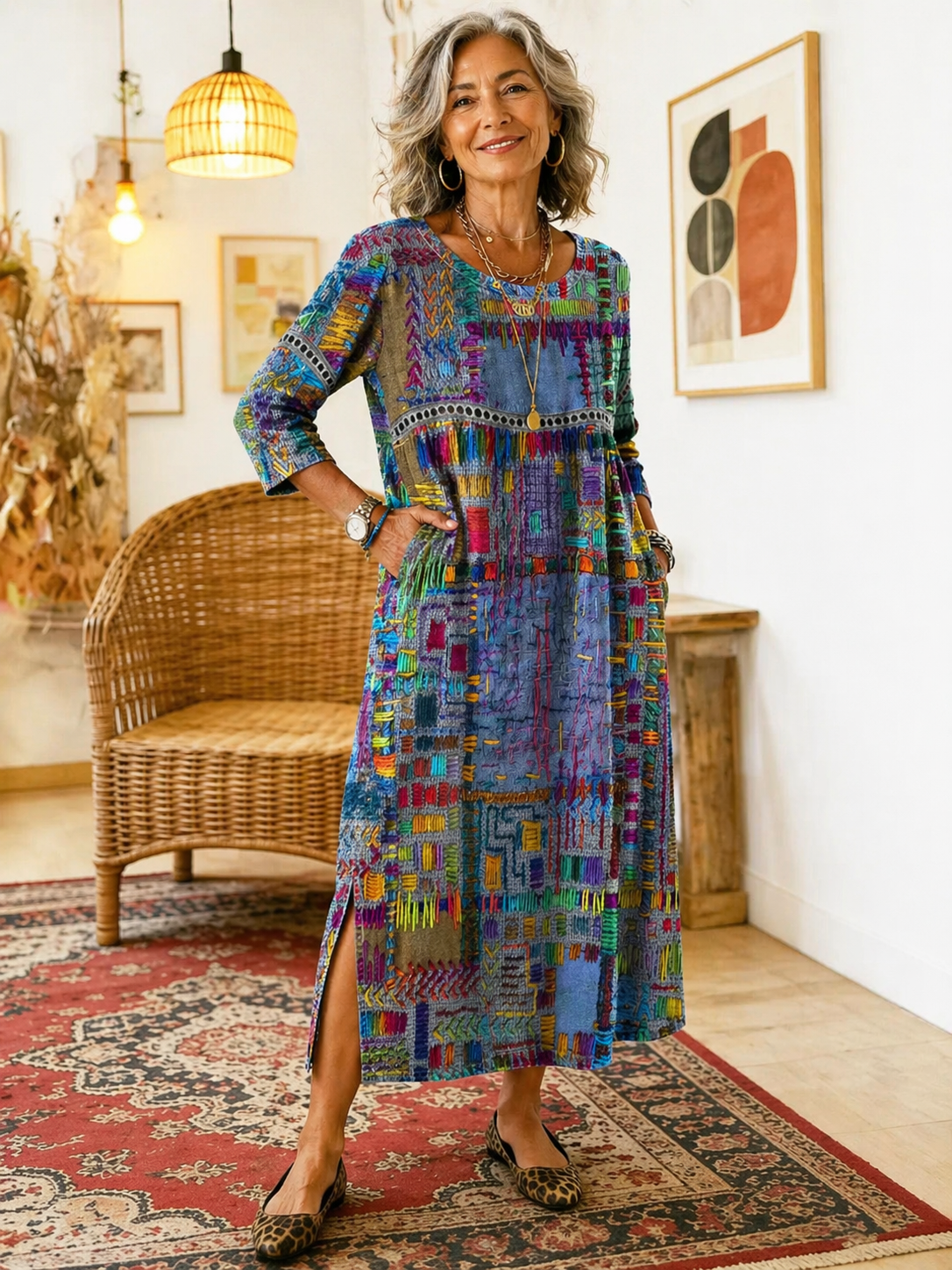 Manuela | Robe en Denim avec Patchwork Ethnique
