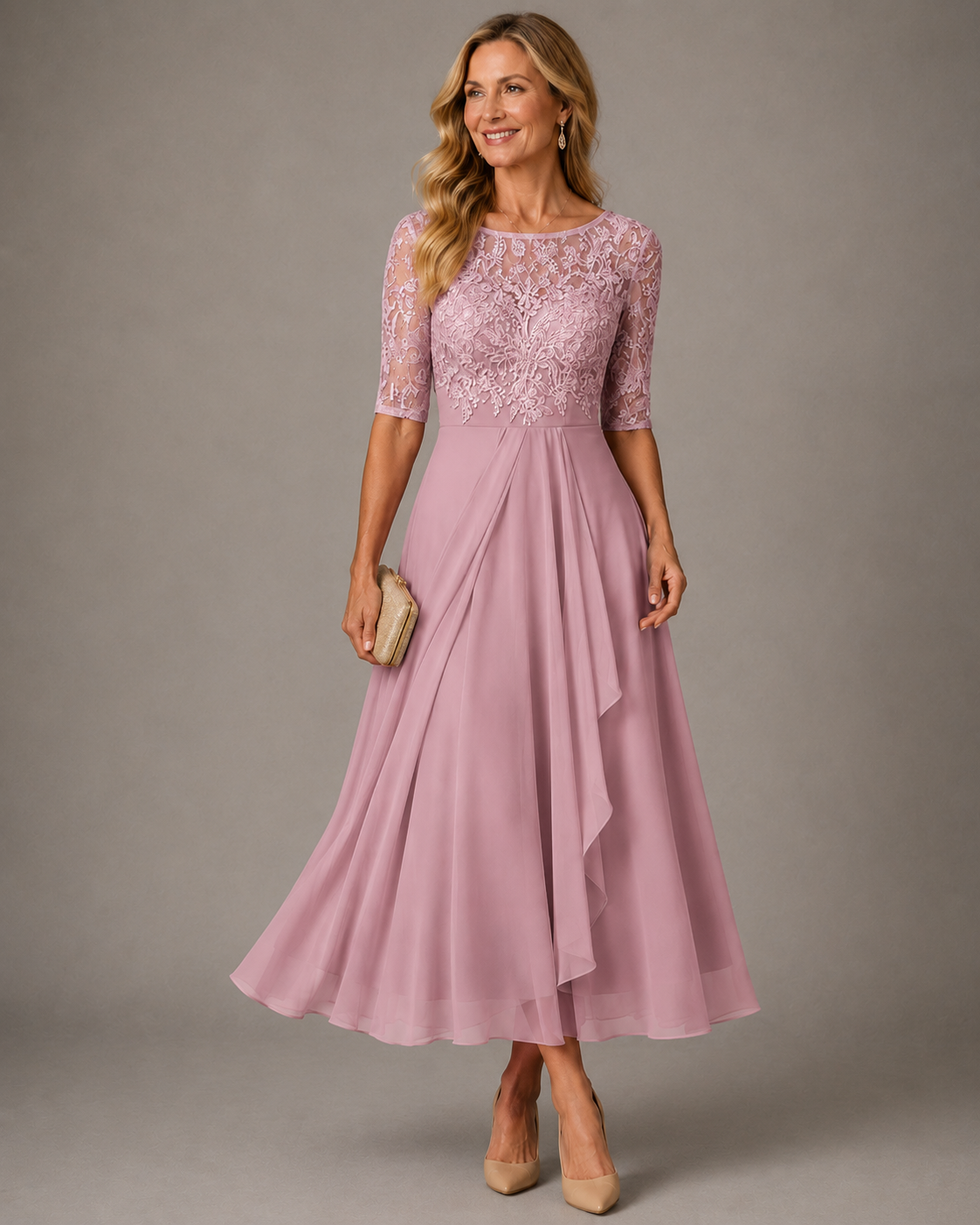 Robe Midi en Dentelle Rose