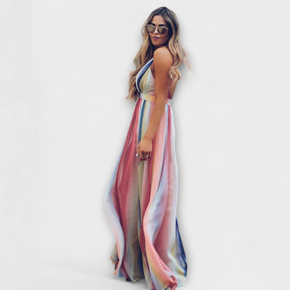 Robe Femme Multicolore Rayée avec Décolleté en V
