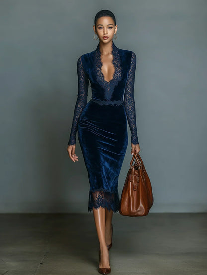 Ellie | Robe midi élégante et à la mode bleu foncé pour femmes avec décolleté en V et détails en dentelle ainsi que manches