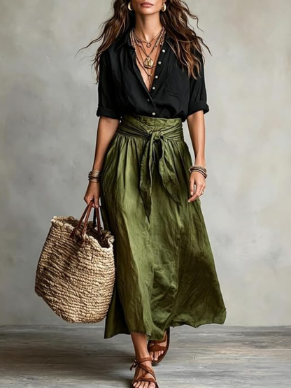 VERA™ - ENSEMBLE ÉLÉGANT DE DEUX PIÈCES POUR L'ÉTÉ : BLOUSE NOIRE & JUPE OLIVE