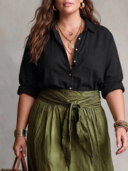 VERA™ - ENSEMBLE ÉLÉGANT DE DEUX PIÈCES POUR L'ÉTÉ : BLOUSE NOIRE & JUPE OLIVE