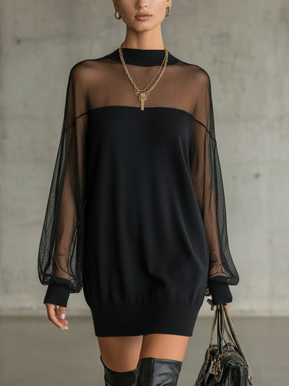Domitille | Mini Robe Noire, Manches en Résille Transparente, Col Haut