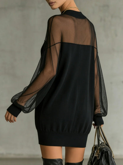 Domitille | Mini Robe Noire, Manches en Résille Transparente, Col Haut